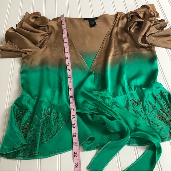 Heart Moon Star Brown and Green Ruffle Sleeve Silk Mai Tie Top - Picture 9 of 10
